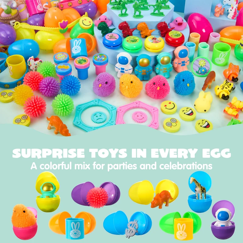 144 Pcs Prefilled Easter Eggs with Toys & Stickers for Egg Hunt, Party Favors & Classroom Prizes