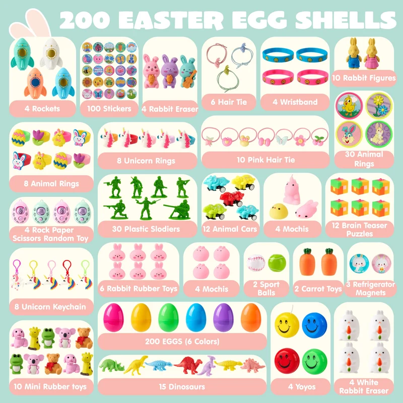200 Pcs Prefilled Easter Eggs with Toys & Stickers, Easter Party Favors for Kids