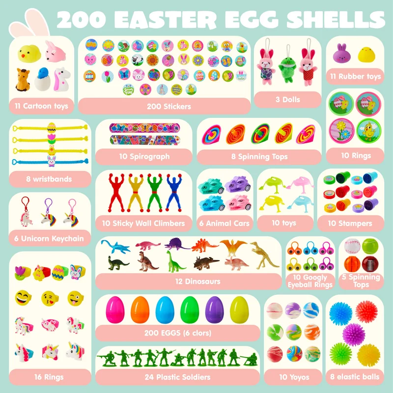 200 Pcs Prefilled Easter Eggs with Toys & Stickers, Easter Party Favors for Kids