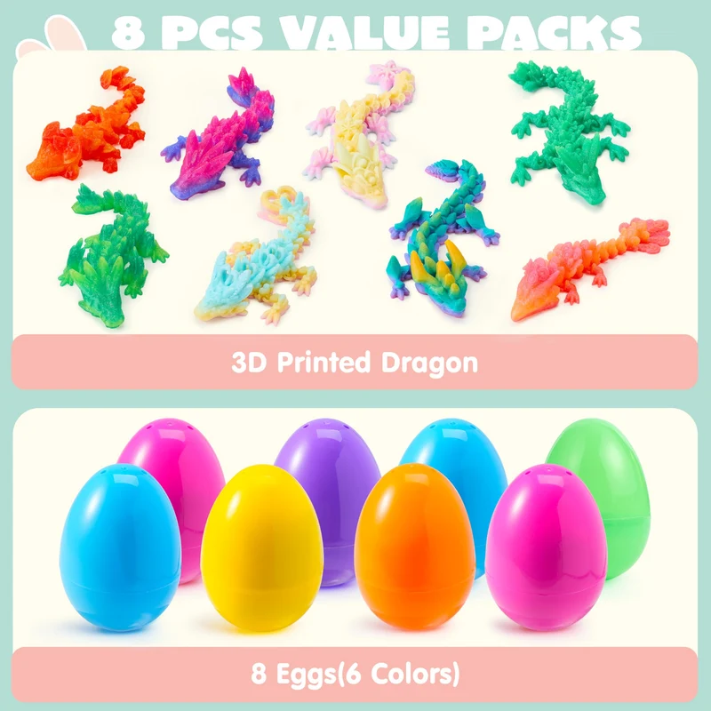 8 Pcs Prefilled Easter Eggs 3D Articulated Dragon Fidget Toys, Easter Party Favors for Kids