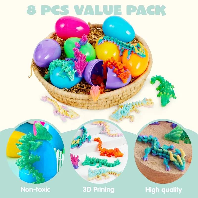 8 Pcs Prefilled Easter Eggs 3D Articulated Dragon Fidget Toys, Easter Party Favors for Kids