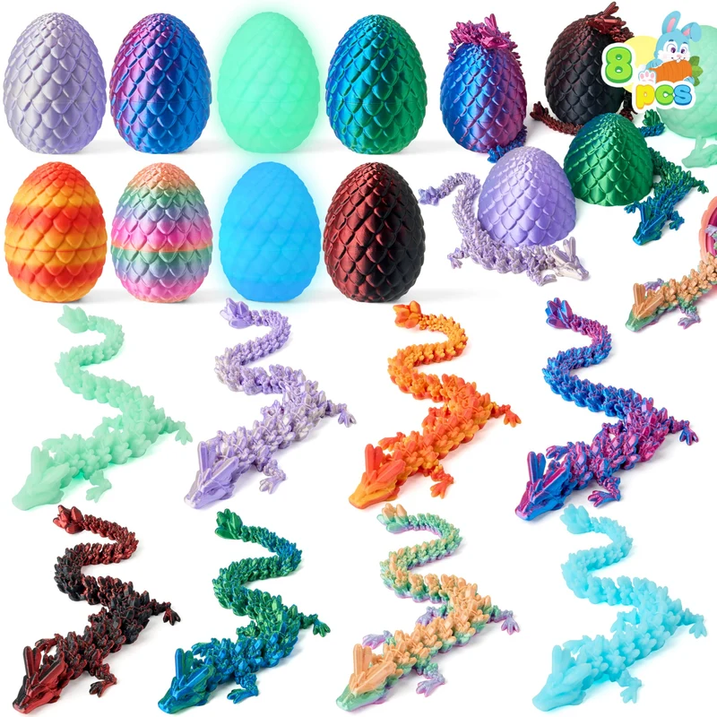 8 Pcs 3D Printed Dragon Eggs with Colorful Articulated Dragons, Easter Party Favors for Kids