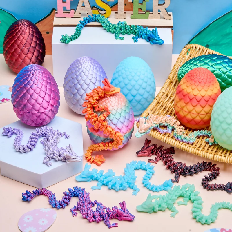 8 Pcs 3D Printed Dragon Eggs with Colorful Articulated Dragons, Easter Party Favors for Kids