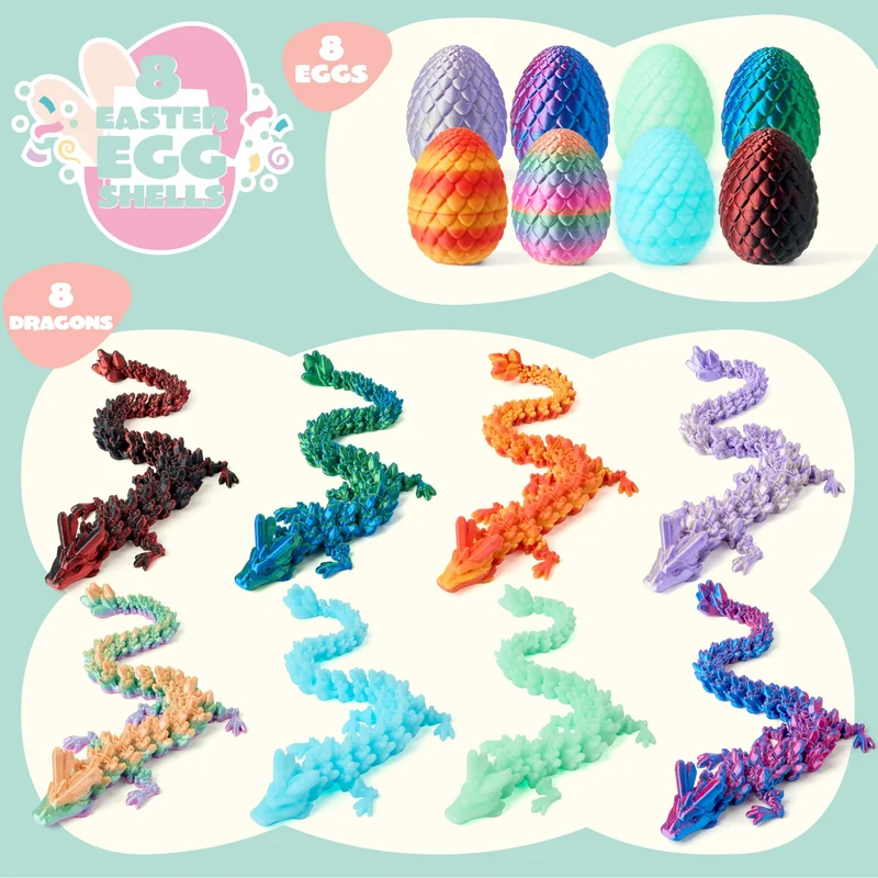 8 Pcs 3D Printed Dragon Eggs with Colorful Articulated Dragons, Easter Party Favors for Kids