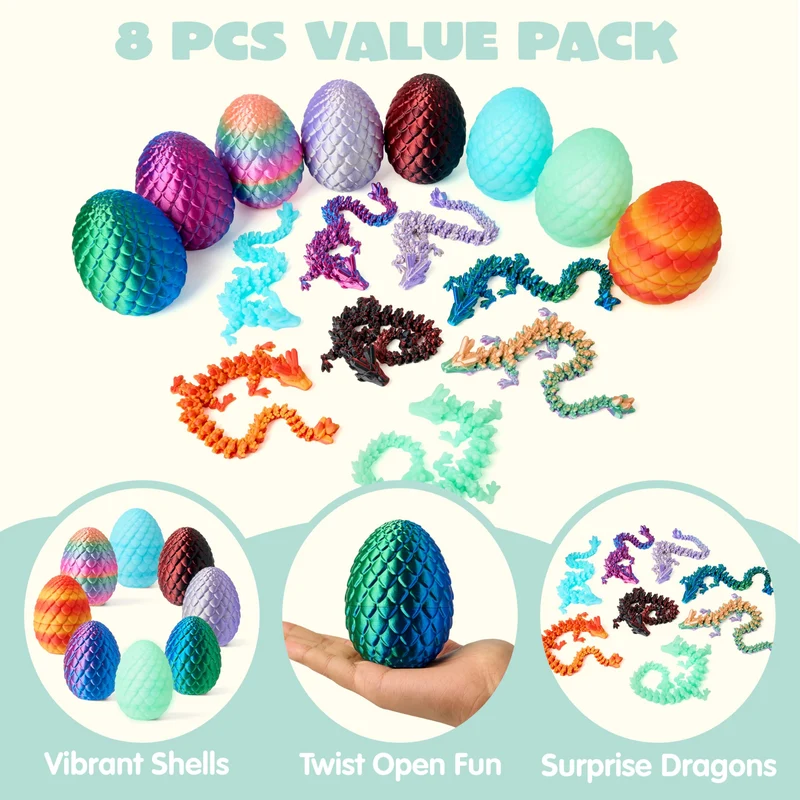 8 Pcs 3D Printed Dragon Eggs with Colorful Articulated Dragons, Easter Party Favors for Kids
