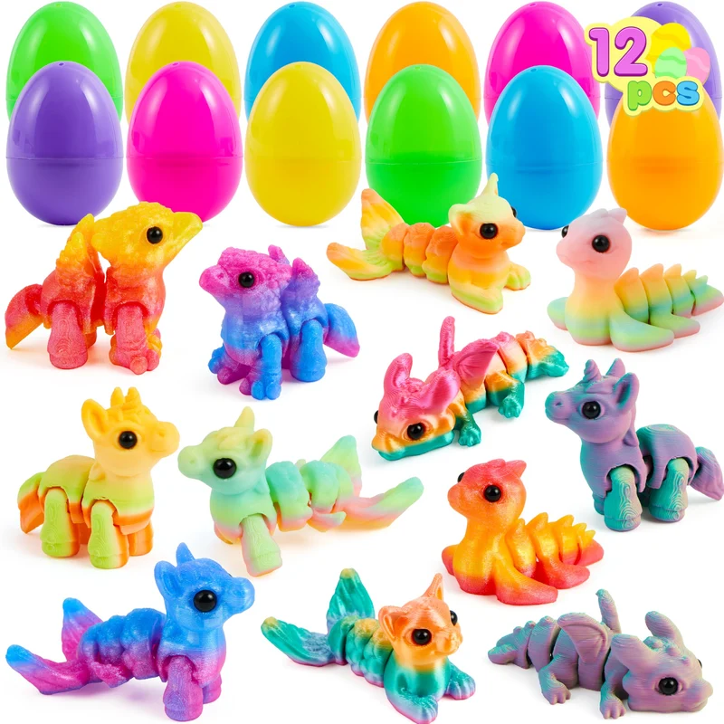 12 Pcs Prefilled Easter Eggs 3D Articulated Fantasy Animals Toys, Party Favors for Kids
