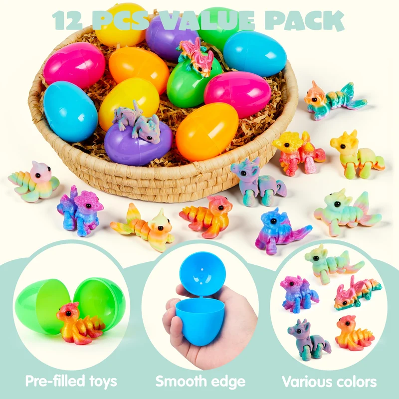 12 Pcs Prefilled Easter Eggs 3D Articulated Fantasy Animals Toys, Party Favors for Kids