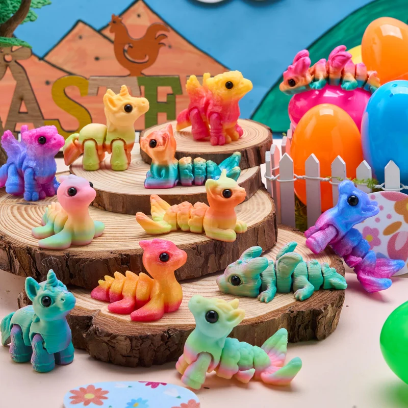 12 Pcs Prefilled Easter Eggs 3D Articulated Fantasy Animals Toys, Party Favors for Kids