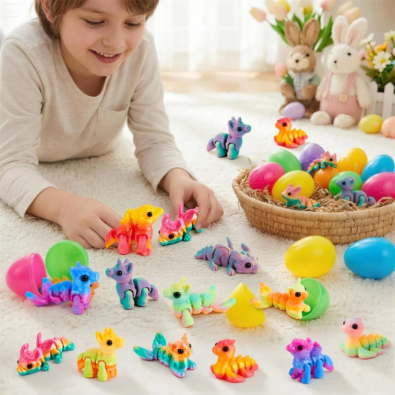 12 Pcs Prefilled Easter Eggs 3D Articulated Fantasy Animals Toys, Party Favors for Kids