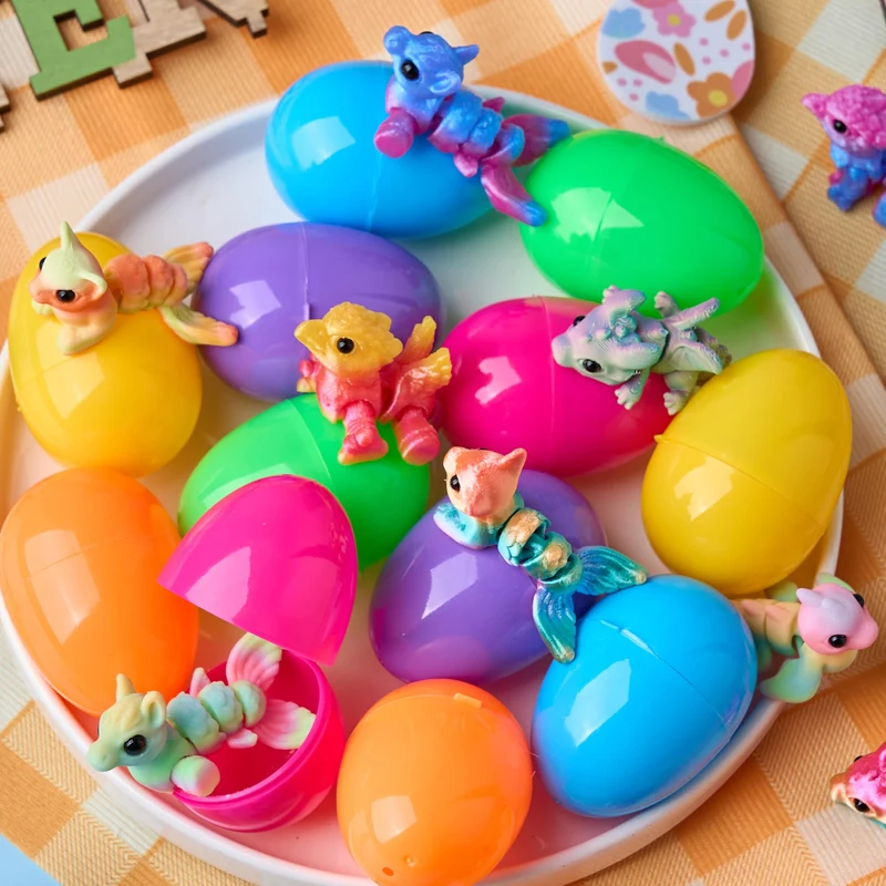 12 Pcs Prefilled Easter Eggs 3D Articulated Fantasy Animals Toys, Party Favors for Kids