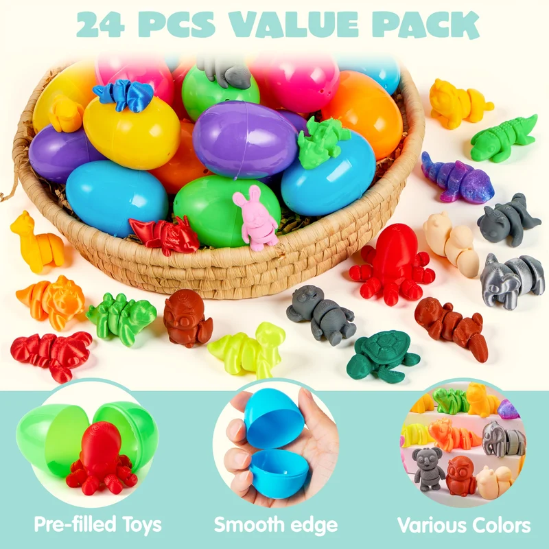 24 Pcs Prefilled Easter Eggs 3D Printed Articulated Toys, Party Favors for Kids