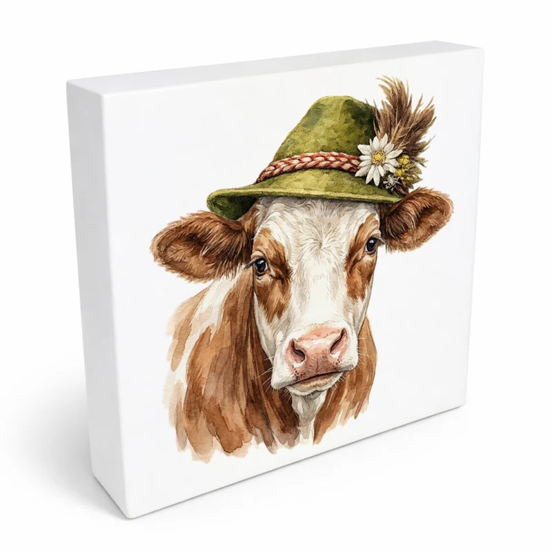Trachtenhut Alm-Tiere Kuh Holzbild in 10x10 cm zum Stellen oder Aufhängen