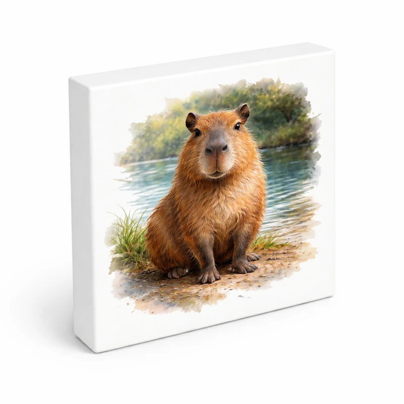 Capy Moments Capybara am Fluss Holzbild in 10x10 cm zum Stellen oder Aufhängen