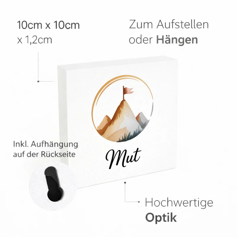 Seelenstärke Berggipfel Holzbild in 10x10 cm zum Stellen oder Aufhängen