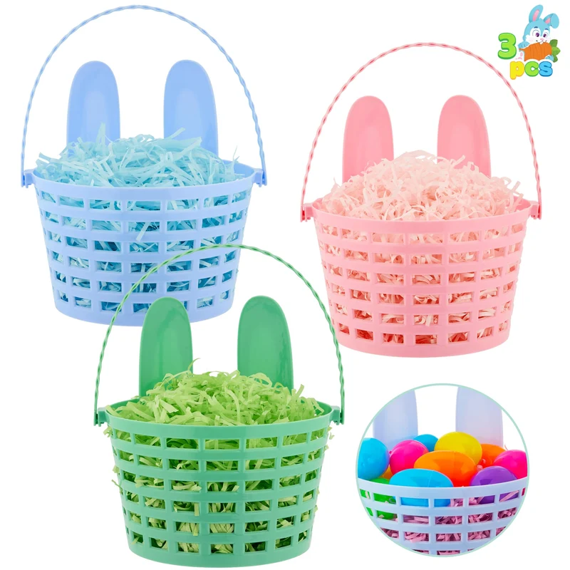 JOYIN 3 Pcs Easter Plastic Baskets with Bunny Ears & Shredded Paper Grass