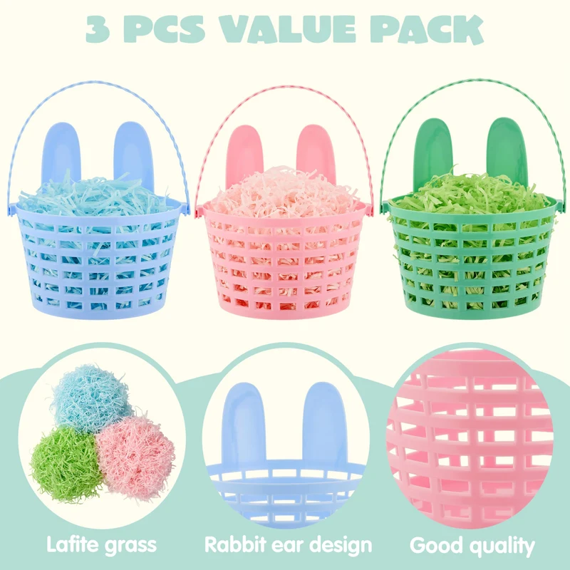 JOYIN 3 Pcs Easter Plastic Baskets with Bunny Ears & Shredded Paper Grass