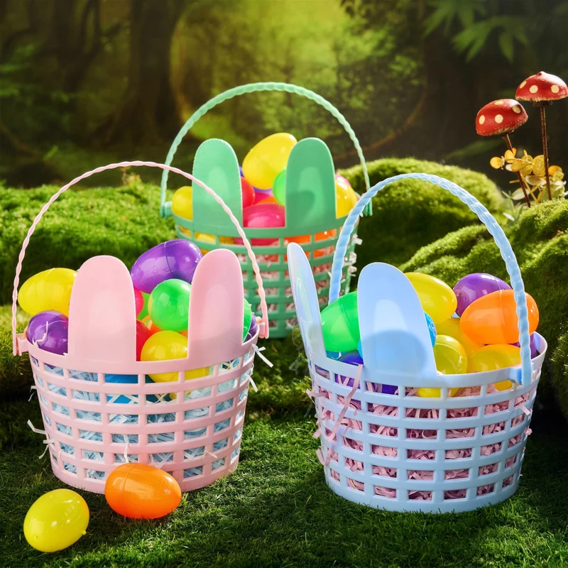JOYIN 3 Pcs Easter Plastic Baskets with Bunny Ears & Shredded Paper Grass