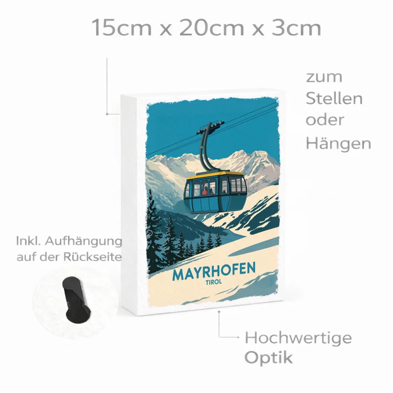Mayrhofen Tirol Holzbild in 20x15 cm zum Stellen oder Aufhängen mit blau-gelber Seilbahn