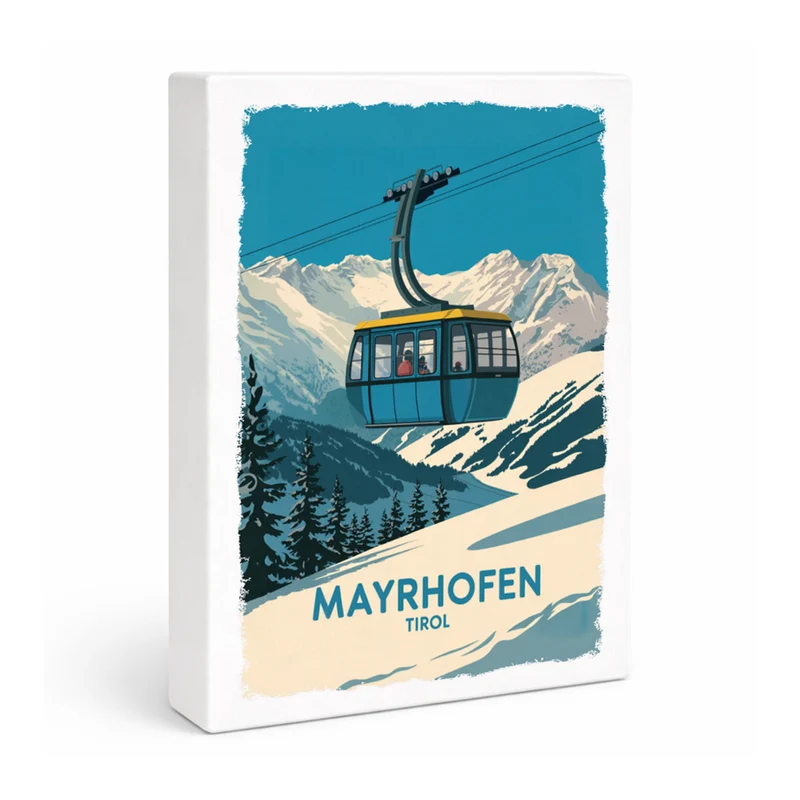 Mayrhofen Tirol Holzbild in 20x15 cm zum Stellen oder Aufhängen mit blau-gelber Seilbahn