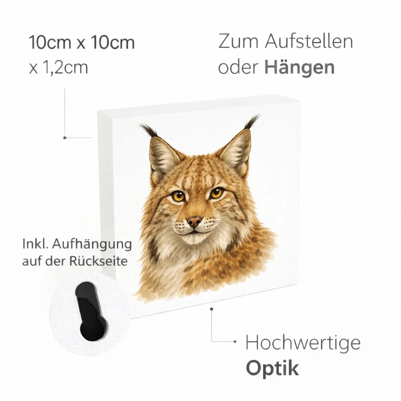 Wild Eyes Luchs Porträt Holzbild in 10x10 cm zum Stellen oder Aufhängen
