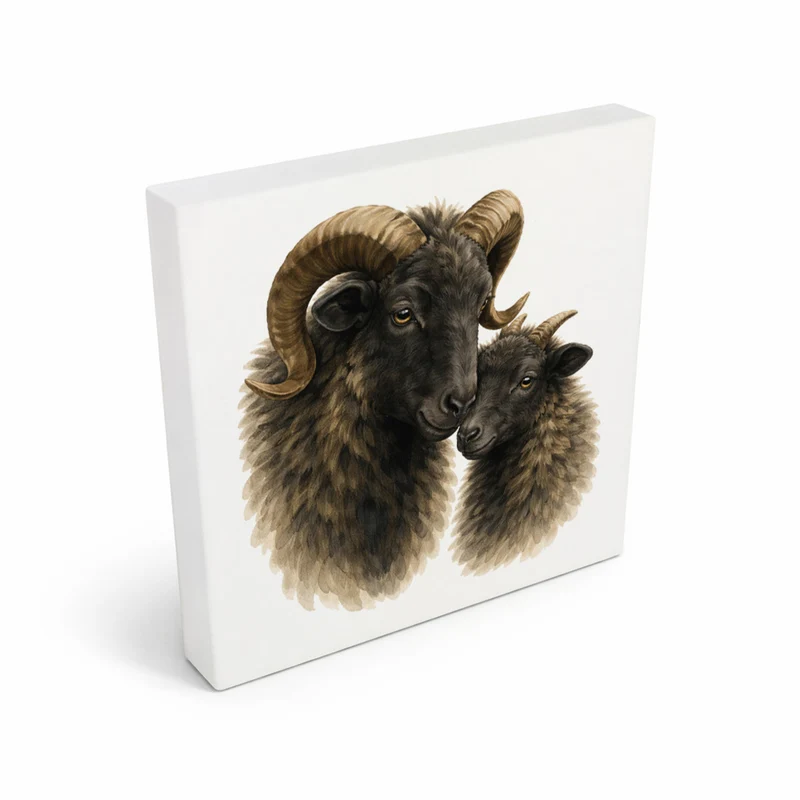 Flauschiger Charme Heideschnucke und Lamm Holzbild in 10x10 cm zum Stellen oder Aufhängen