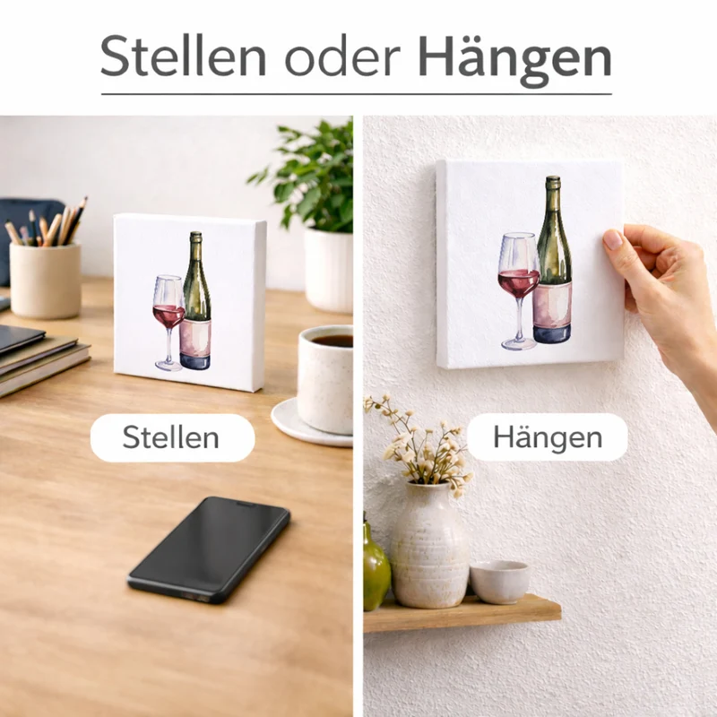 Mediterrane Schätze Weinflasche Glas Holzbild in 10x10 cm zum Stellen oder Aufhängen