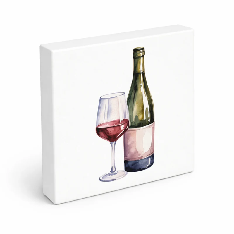 Mediterrane Schätze Weinflasche Glas Holzbild in 10x10 cm zum Stellen oder Aufhängen