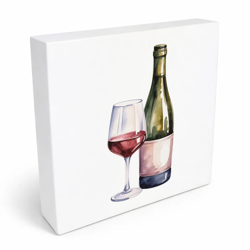 Mediterrane Schätze Weinflasche Glas Holzbild in 10x10 cm zum Stellen oder Aufhängen