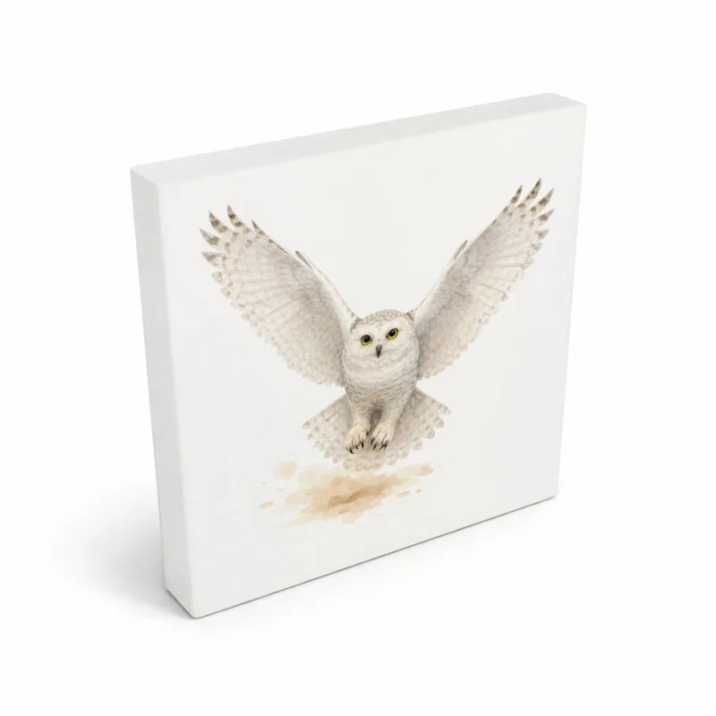 Schneeeulenzauber Schneeeule Flug Holzbild in 10x10 cm zum Stellen oder Aufhängen