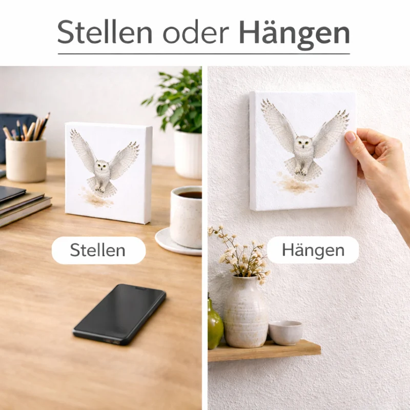 Schneeeulenzauber Schneeeule Flug Holzbild in 10x10 cm zum Stellen oder Aufhängen