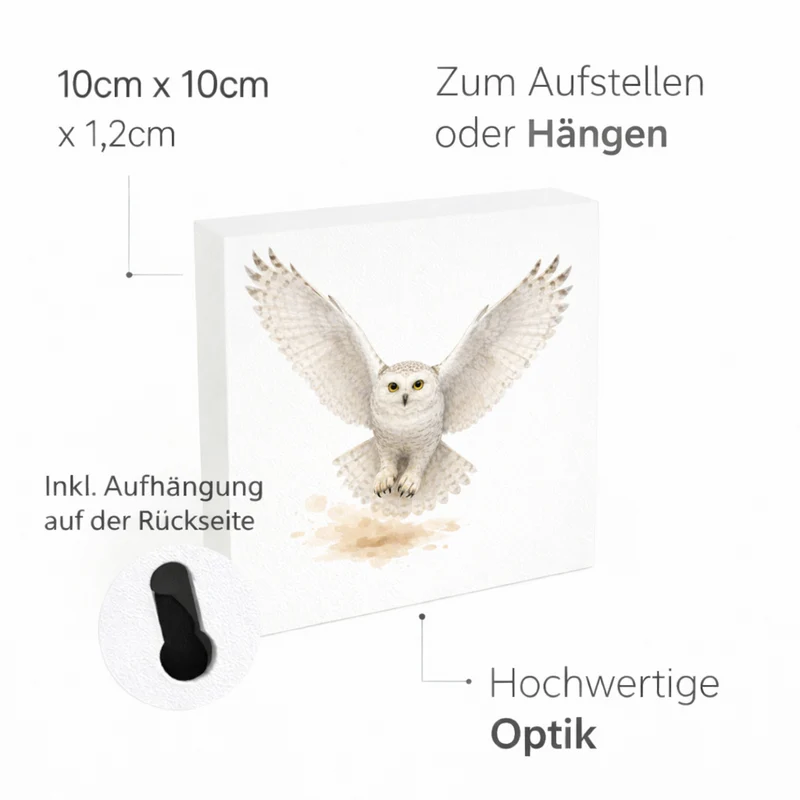 Schneeeulenzauber Schneeeule Flug Holzbild in 10x10 cm zum Stellen oder Aufhängen