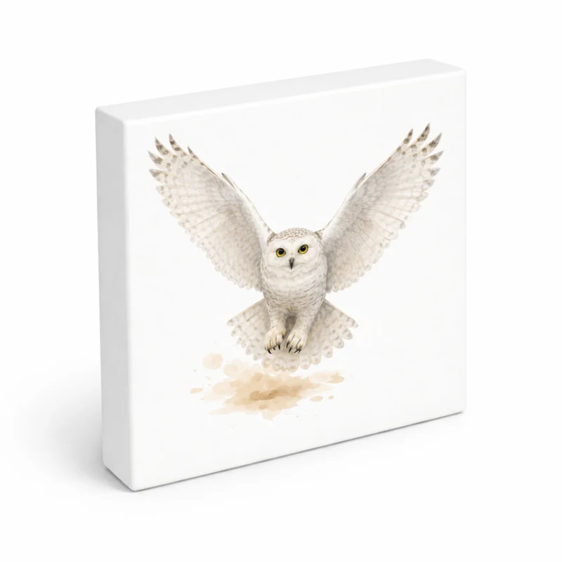 Schneeeulenzauber Schneeeule Flug Holzbild in 10x10 cm zum Stellen oder Aufhängen