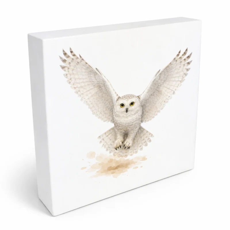 Schneeeulenzauber Schneeeule Flug Holzbild in 10x10 cm zum Stellen oder Aufhängen