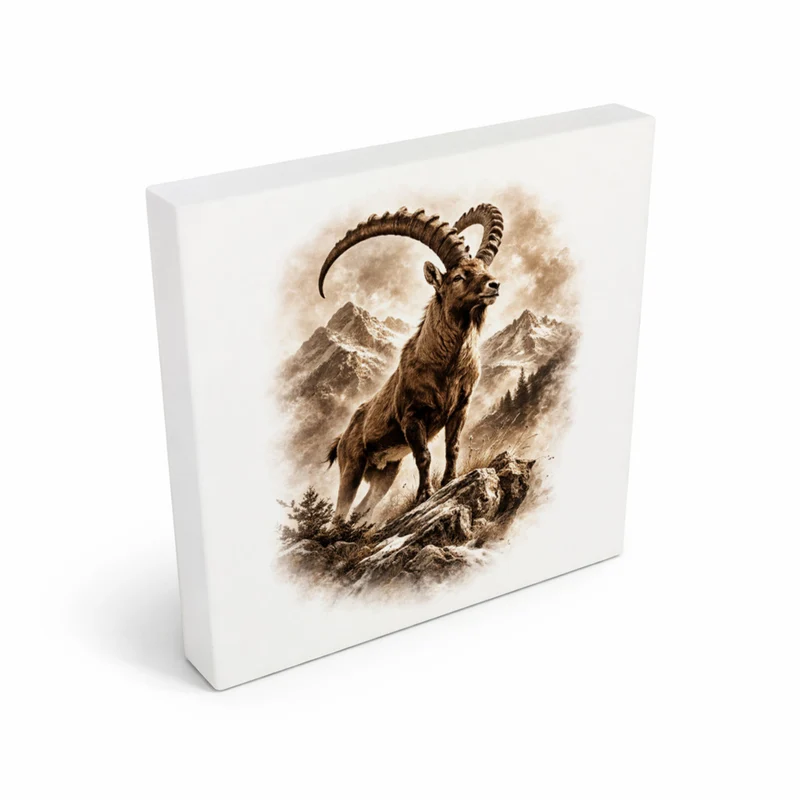 Wild and Free Steinbock Berge Holzbild in 10x10 cm zum Stellen oder Aufhängen