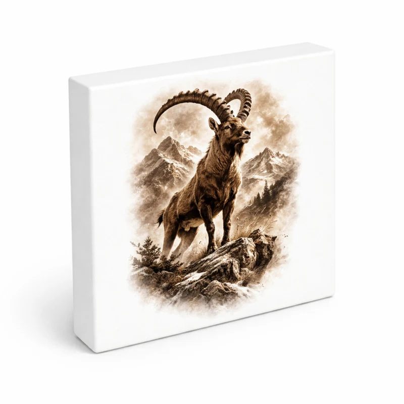 Wild and Free Steinbock Berge Holzbild in 10x10 cm zum Stellen oder Aufhängen