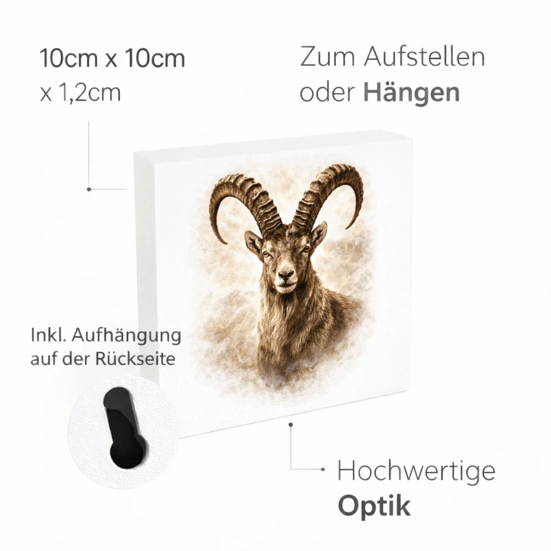 Wild and Free Steinbock Porträt Holzbild in 10x10 cm zum Stellen oder Aufhängen