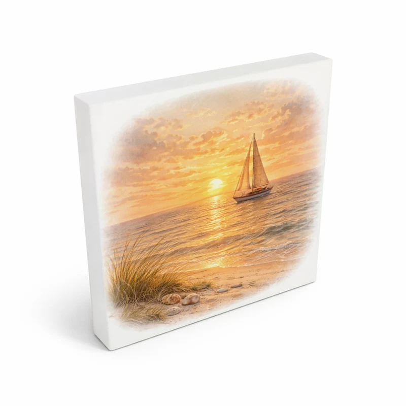 Sonnenuntergang Idylle Segelboot Sonnenuntergang Holzbild in 10x10 cm zum Stellen oder Aufhängen