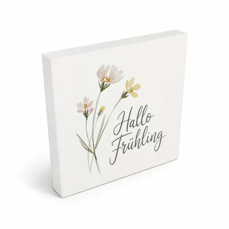 Aquarellblumen Hallo Frühling Holzbild in 10x10 cm zum Stellen oder Aufhängen für Dekofans
