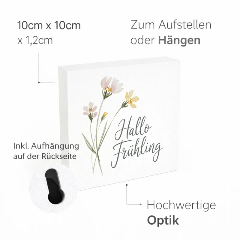 Aquarellblumen Hallo Frühling Holzbild in 10x10 cm zum Stellen oder Aufhängen für Dekofans
