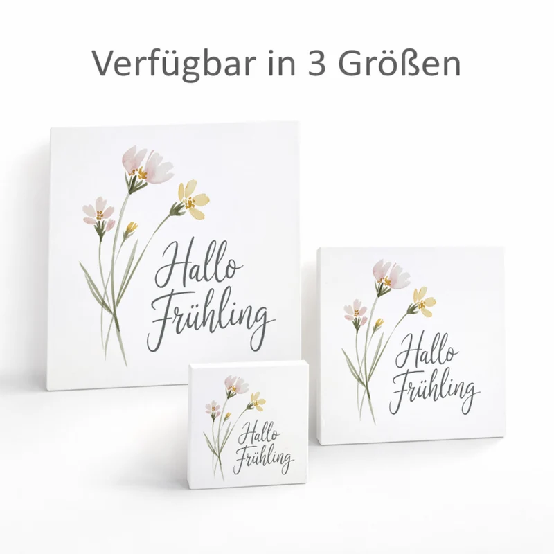 Aquarellblumen Hallo Frühling Holzbild in 10x10 cm zum Stellen oder Aufhängen für Dekofans