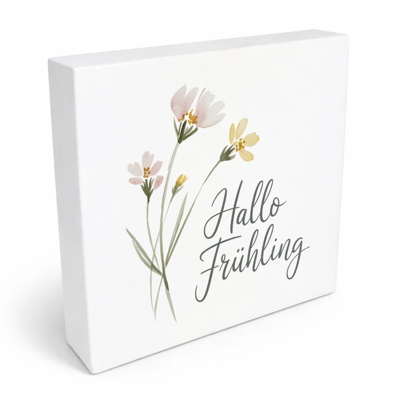 Aquarellblumen Hallo Frühling Holzbild in 10x10 cm zum Stellen oder Aufhängen für Dekofans