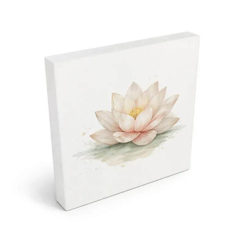 Ruhe Quelle Lotusblüte Holzbild in 10x10 cm zum Stellen oder Aufhängen