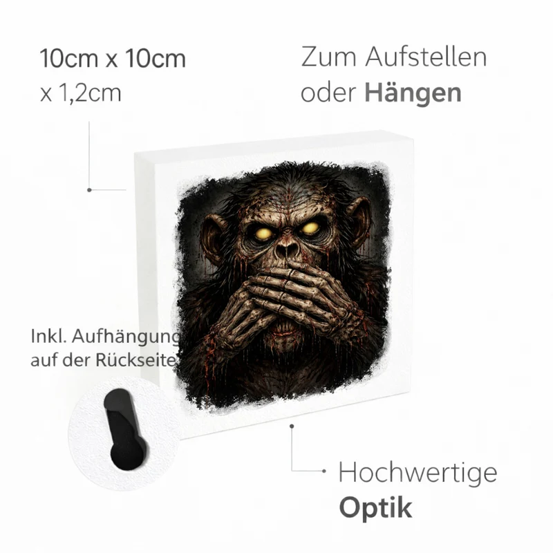 Drei weise Zombie Affen nichts sprechen Holzbild in 10x10 cm zum Stellen oder Aufhängen