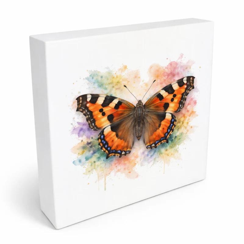 Schmetterlingszauber Kleiner Fuchs Holzbild in 10x10 cm zum Stellen oder Aufhängen