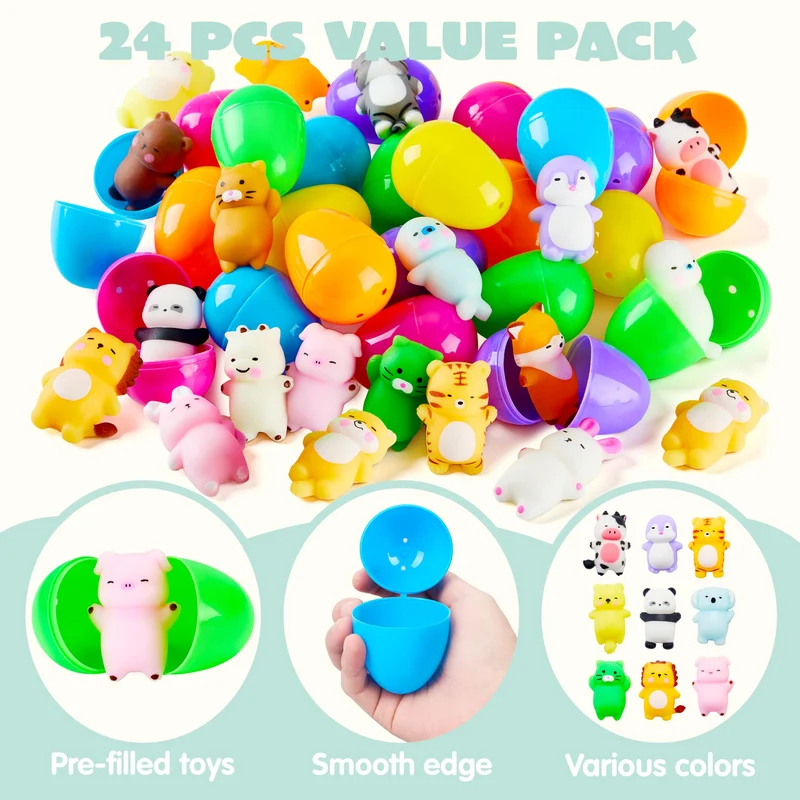 24Pcs Prefilled Easter Eggs with Mochi Squishy Toys for Egg Hunt, Party Favors & Basket Stuffers