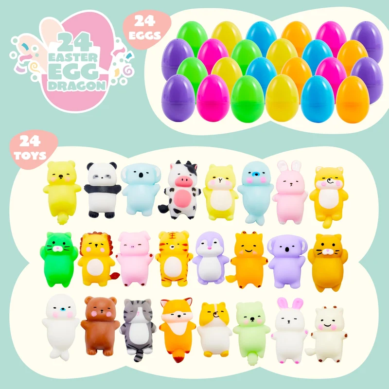 24Pcs Prefilled Easter Eggs with Mochi Squishy Toys for Egg Hunt, Party Favors & Basket Stuffers