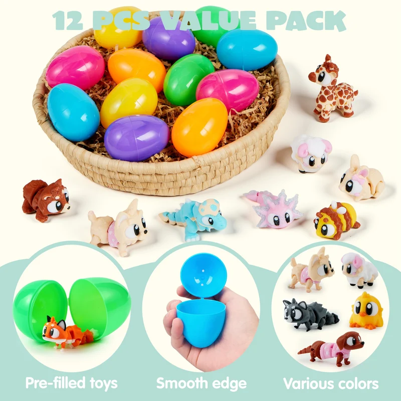 12Pcs Eggs Prefilled with 3D Printed Big Eye Animal Toys For Kids Party Favors
