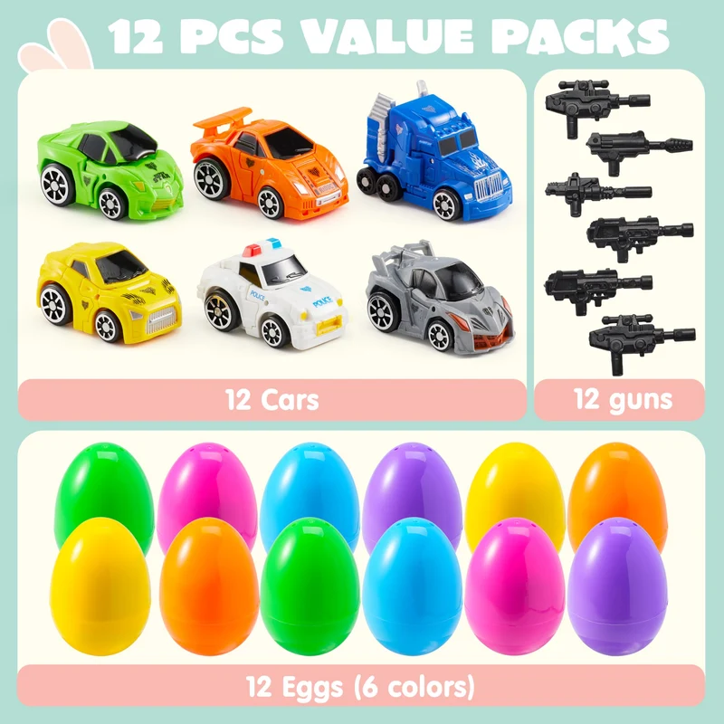 12Pcs Easter Eggs Prefilled with Car Robot Toys For Kids Easter Party Favors