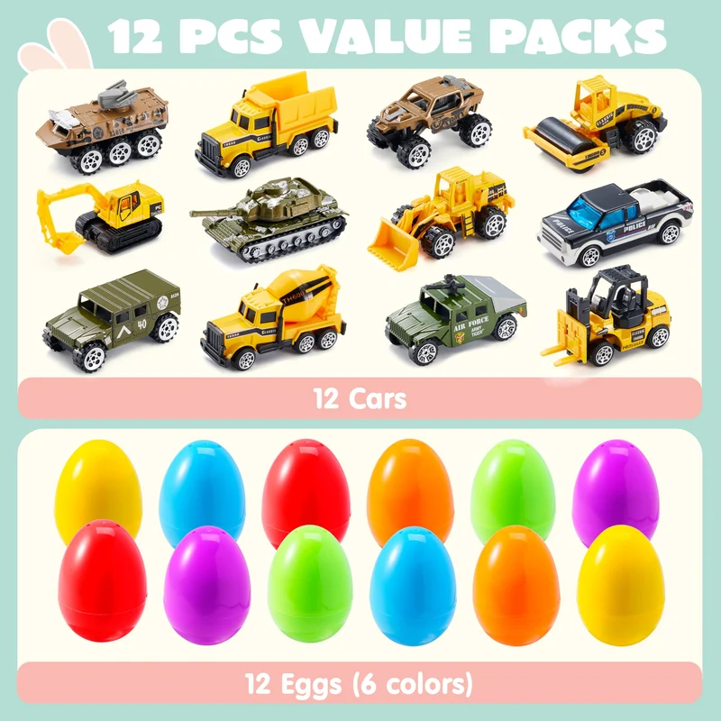 12Pcs Easter Eggs Prefilled with Die-cast Vehicles For Kids Easter Hunt Party Favors