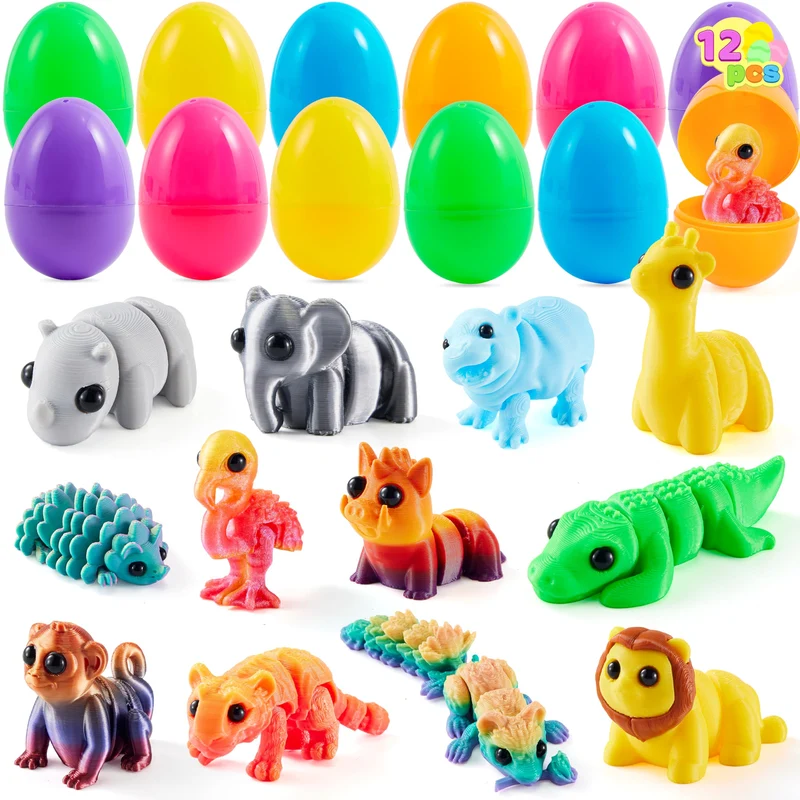 12 Pcs Prefilled Easter Eggs with 3D Articulated Wild Animals for Party Favors & Classroom Prizes